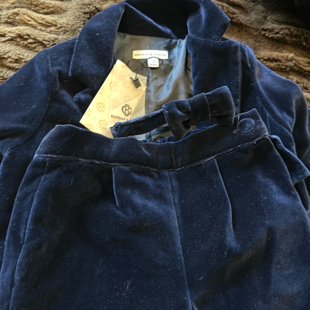 Beatrice and George velvet navy blue suit